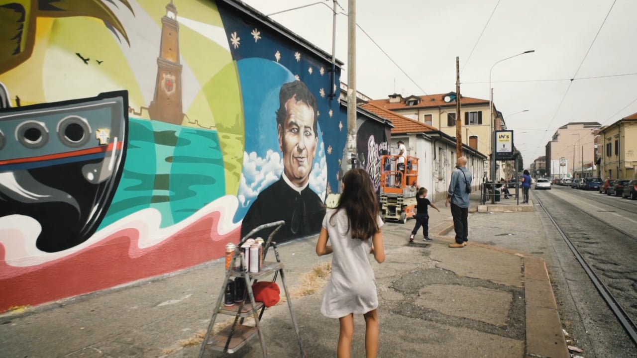 Il murales di Mr. Wany sulla storia di Don Bosco